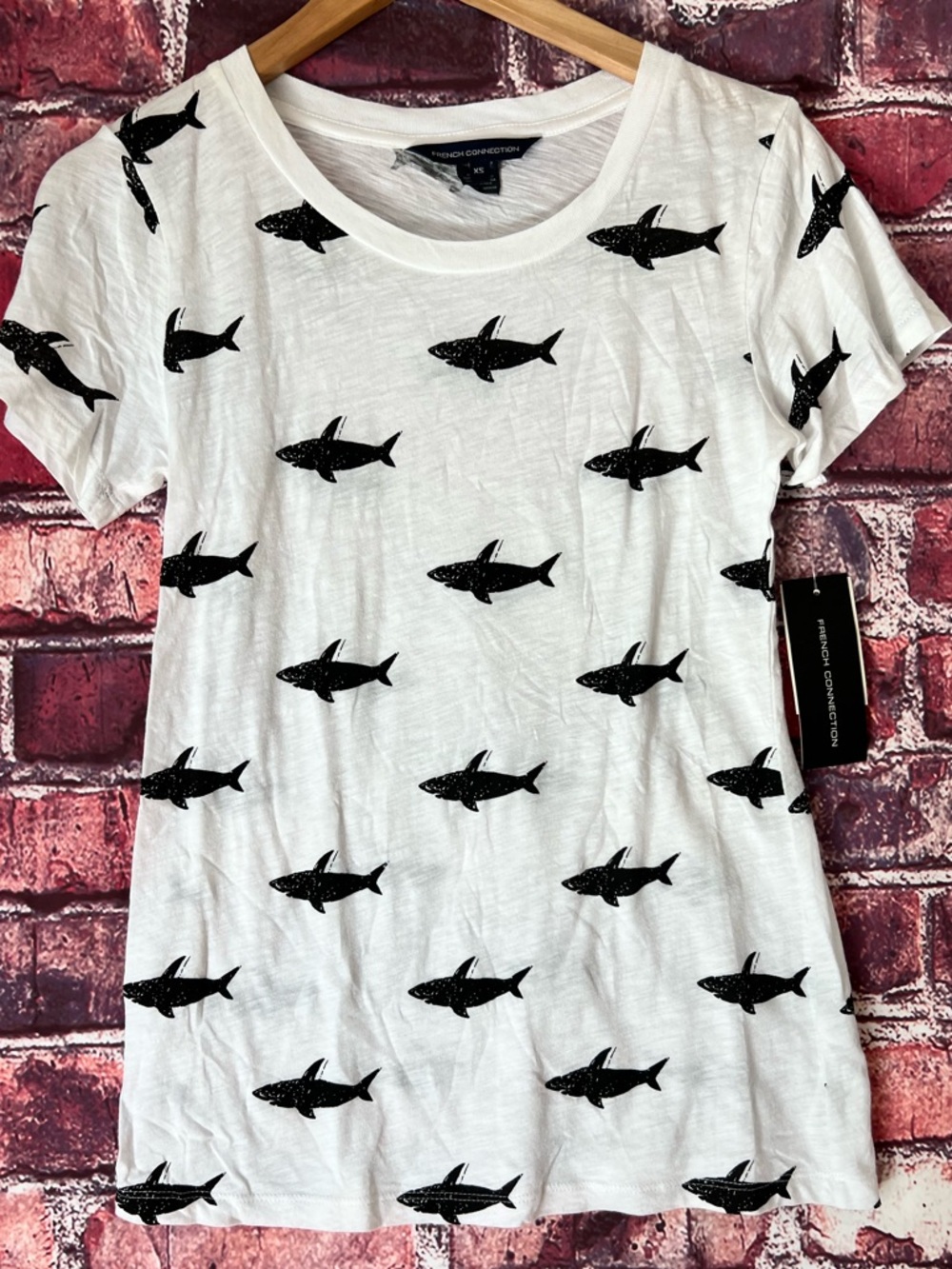 French Connection White Tee with Black Shark Motif